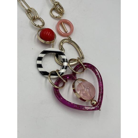 Betsey Johnson Modern Red Pink Mixed Heart & Bead Shapes Statement Necklace - Picture 11 of 16